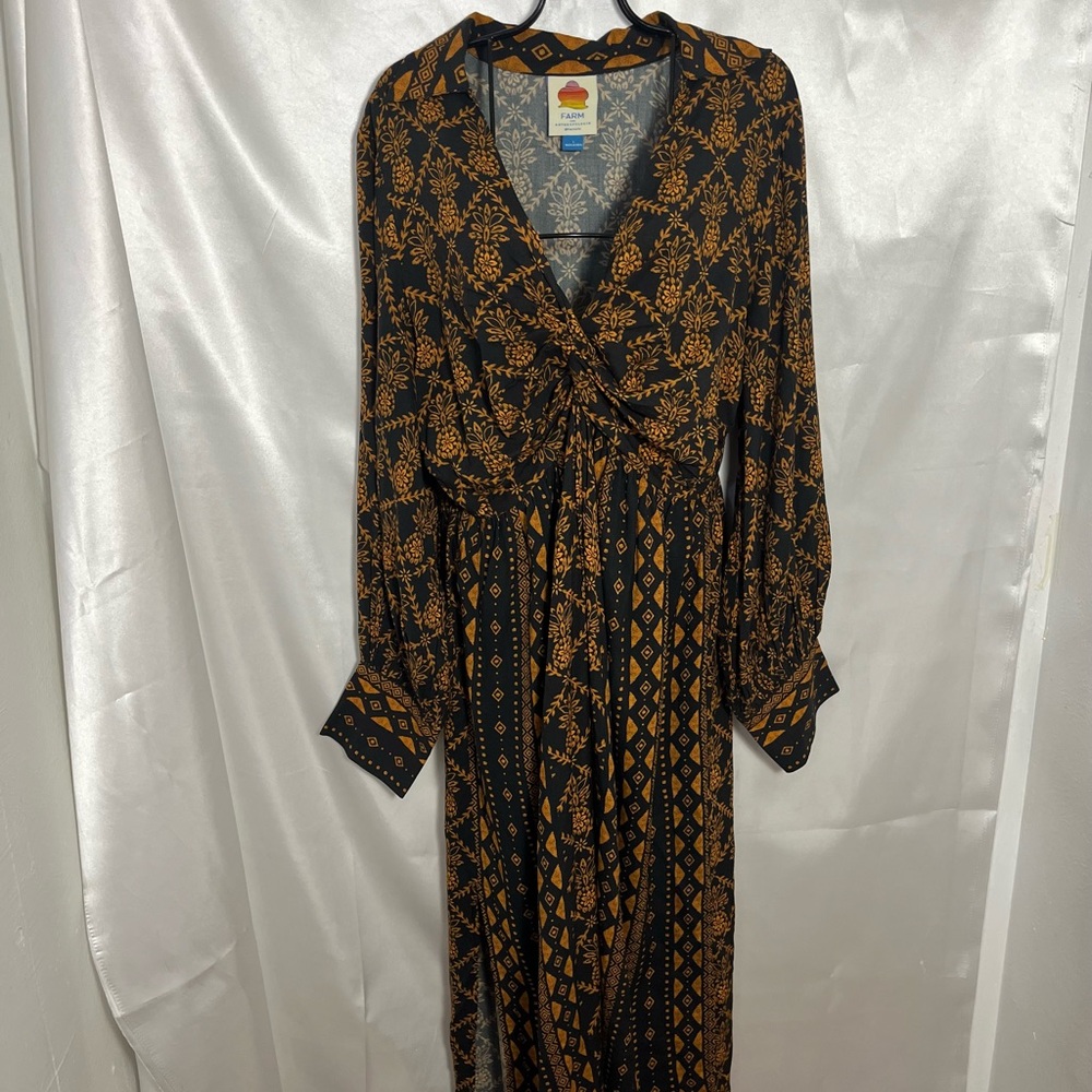 FARM Rio Brown and Black Pleated Wrap Dress with Bishop Sleeves